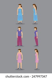 Modern woman wearing party dress, casual street wear and comfortable home clothes, in frontal and profile view. Set of six vector icons isolated on grey background.