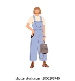 Modern woman wearing summer fashion clothes. Trendy casual outfit with loose denim overalls, t-shirt, laced boots and backpack. Colored flat vector illustration isolated on white background