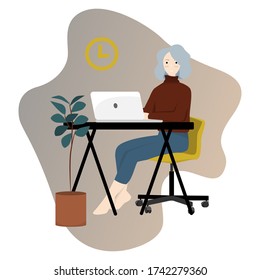 A modern woman works at a computer. Concept illustration about 
 distant work, career, freelance. Flat cartoon illustration isolated on white