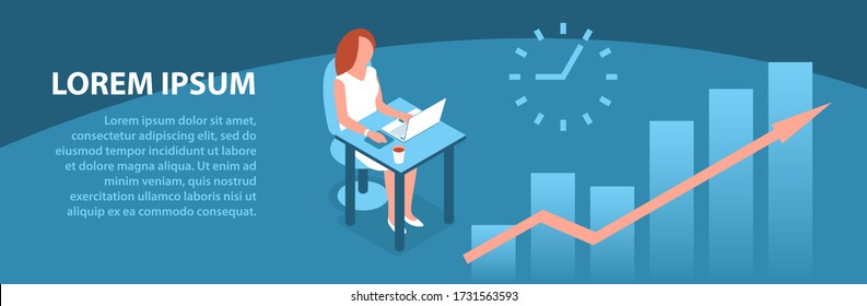 Modern woman works at a laptop in the office. Sits by the table. Financial growth chart. Vector illustration banner with blue background. Isometric style.