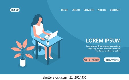 Modern woman works at a laptop in the office. Sits by the table. Vector illustration with blue background. Isometric style.