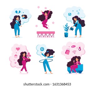 Modern Woman, Young Lady Daily Routine Situations, Active and Healthy Lifestyle Scenes, Relationships, Entertainment Activities Trendy Flat Vector Concepts Collection Isolated on White Background