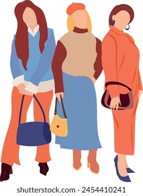 Modern woman.Business women collection. Vector illustration of diverse multinational standing cartoon women in office outfits. Isolated on white.