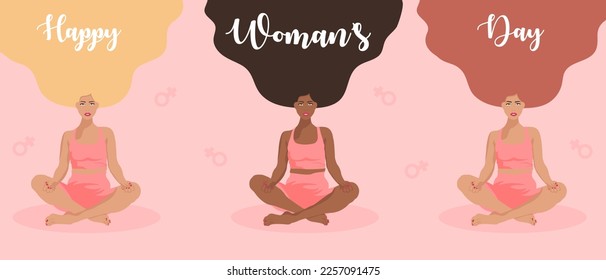 Modern Womans day 8 March holiday card. International Women's Day, 8 March, Feminism, friendship, womanhood concept. Isolated vector illustration for card, banner, poster, postcard, flyer.
