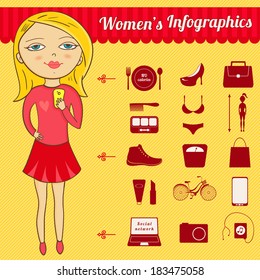 Modern woman's vector infographic set in colorful bright cartoon style