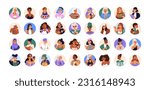 Modern women avatars set. Female head portraits. Fashion pretty girls faces in circles. Different creative stylish happy characters. Flat graphic vector illustrations isolated on white background