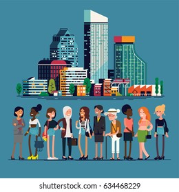 Modern women of big city concept flat design illustration. Quality character and landscape design on diverse women and city skyline