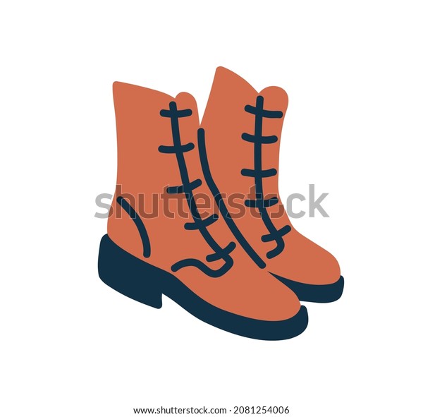Modern women boots. Fashion footwear. Autumn\
shoes. Trendy comfortable casual foot wear with laces and round\
toe. Leather footgear pair. Colored flat vector illustration\
isolated on white\
background