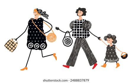 Modern women and child isolated on white background.Textured patch applique.Funny characters in motion, in different clothes, with bags.Black,beige,yellow colors.Vector graphic design, t shirt print.