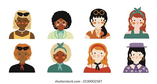 Modern women collection. Female diverse faces of different ethnicity. Women empowerment movement pattern. International womens day graphic vector. Isolated on transparent background. 