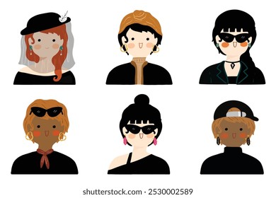 Modern women collection. Female diverse faces of different ethnicity. Women empowerment movement pattern. International womens day graphic vector. Isolated on transparent background. 