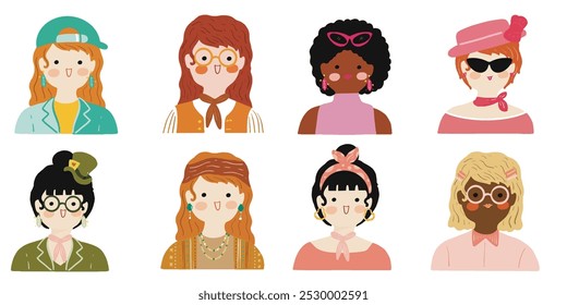 Modern women collection. Female diverse faces of different ethnicity. Women empowerment movement pattern. International womens day graphic vector. Isolated on transparent background. 