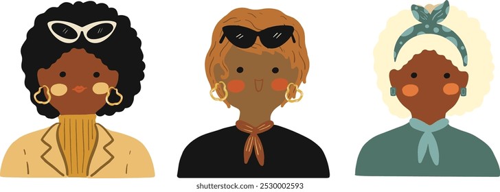 Modern women collection. Female diverse faces of different ethnicity. Women empowerment movement pattern. International womens day graphic vector. Isolated on transparent background. 