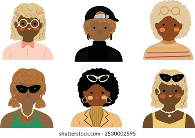 Modern women collection. Female diverse faces of different ethnicity. Women empowerment movement pattern. International womens day graphic vector. Isolated on transparent background.  - Powered by Shutterstock - Get 15% off with code: PIKWIZARD15