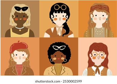 Modern women collection. Female diverse faces of different ethnicity. Women empowerment movement pattern. International womens day graphic vector. Isolated on transparent background. 