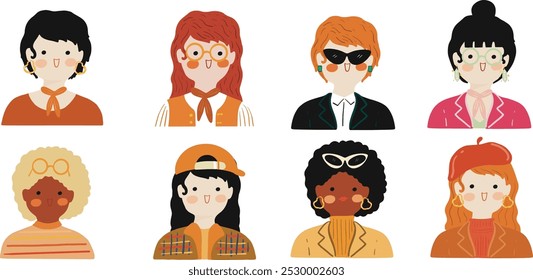 Modern women collection. Female diverse faces of different ethnicity. Women empowerment movement pattern. International womens day graphic vector. Isolated on transparent background. 