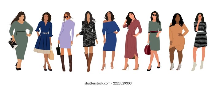 Modern women collection. Vector realistic illustration of diverse multinational standing cartoon girls in smart casual office outfit - dress and boots or high heels shoes. Isolated on white background