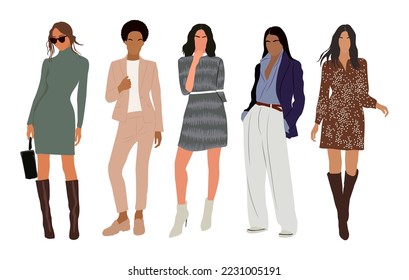 Colección moderna de mujeres. Vector de ilustración realista de diversas mujeres multinacionales de negocios en ropa informal inteligente. Aspecto de oficina de moda. Atractiva hembra aislada sobre fondo blanco.