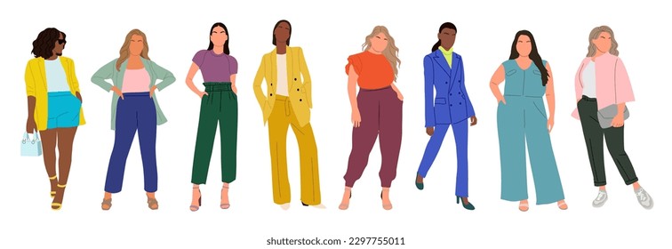 Modern women collection. Vector realistic illustration of diverse multinational standing cartoon girls in smart casual office outfit. Isolated on white background