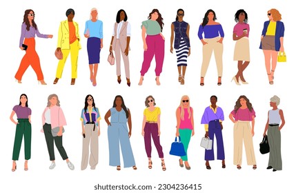 Colección moderna de mujeres. Ilustración vectorial realista de las diversas niñas de caricaturas multinacionales en un elegante equipo informal de oficina de verano. Aislado sobre fondo blanco