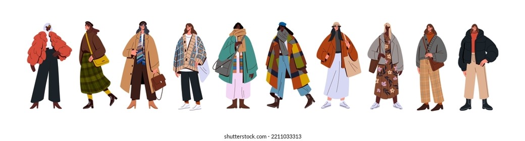 Modern women in fashion autumn outfits set. Stylish girls wear trendy casual apparel, garment for fall season. Females in coats, jackets. Flat graphic vector illustrations isolated on white background