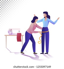 Modern women flat illustration.  A tailor makes a woman body measurement. Vector illustration on a transparent background.