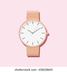 Modern women hand watch. Minimalist watches design isolated on pink background.