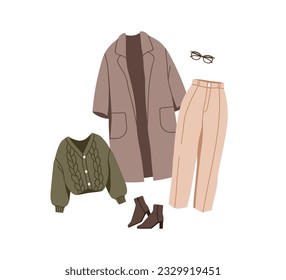 Modern women outfit, apparel set. Fashion look, autumn coat, pants, boots, cardigan and eyeglasses. Trendy stylish clothes, fall season. Flat vector illustration isolated on white background