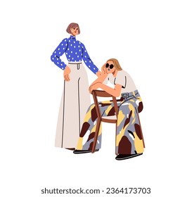 Modern women posing in different stylish fashion outfits. Young girl sitting, wearing sassy trendy apparel, female standing in elegant clothes. Flat vector illustration isolated on white background