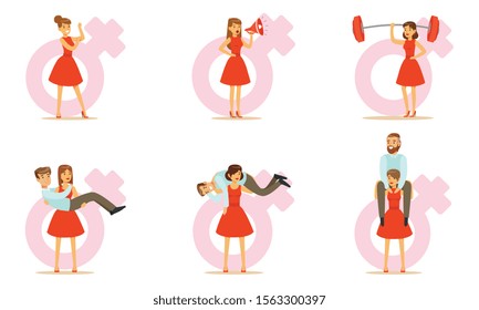 Modern Women Problem Due To Oppression By Men, Girl Power Vector Illustration Set Isolated On White Background