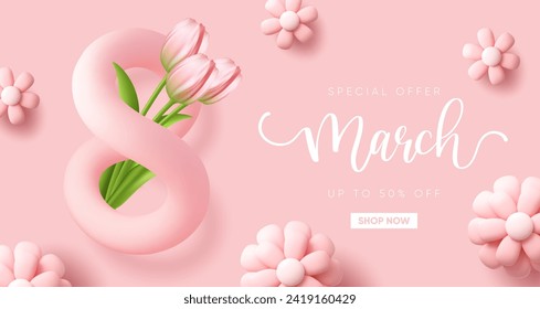 Banner moderno del Día de la Mujer con un número 3d 8 y flores tulipán. Ilustración vectorial.