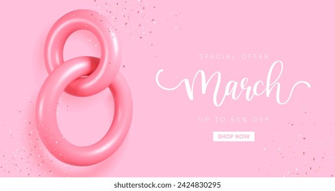 Modern Women's Day banner with 3d 8 number. Vector illustration.