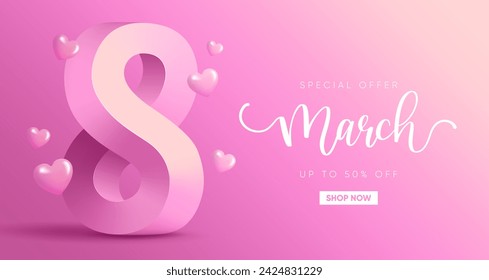 Modern Women's Day banner with 3d 8 number. Vector illustration.