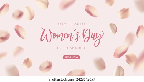 Modern Women's Day banner with petals falling. Vector illustration.