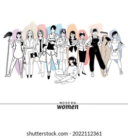 Modern womens professions vector set. Sketch and watercolor illustration.