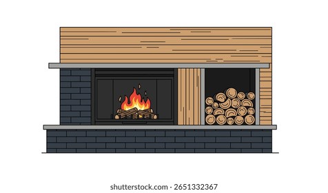 Modern wood burning fireplace with integrated log storage and natural wood accents