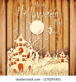 Modern wood pattern of Halloween paper art on wooden background with old sign,black lantern, old hat, pumpkin, and party.