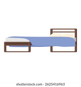 Modern wooden bed with a blue blanket and two pillows is standing in an empty room