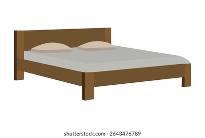 Modern Wooden Bed Frame with Headboard, Minimalist Double Bed with Mattress and Pillows, Contemporary Bedroom Furniture Isolated on White Background Illustration

