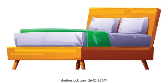 Modern wooden bed with purple mattress, green blanket, and pillows, perfect for a contemporary bedroom. Vector cartoon illustration