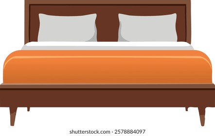 A modern wooden bed with a sleek design, orange blanket, and two white pillows. Simple and elegant, ideal for a cozy and stylish bedroom interior