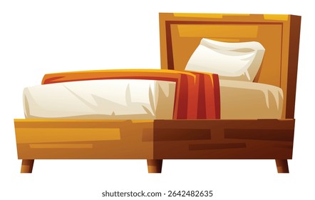Modern wooden bed with a white mattress, orange blanket, and white pillow for a minimalist room. Vector cartoon illustration