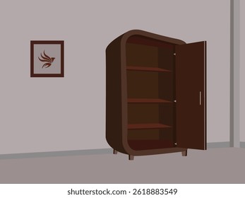 Modern wooden cupboard with open door and minimalistic framed wall art
