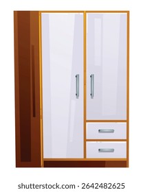 Armário de madeira moderno com portas e gavetas brancas, perfeito para um quarto contemporâneo ou corredor. Ilustração de desenho animado vetorial