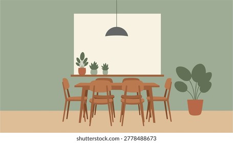 Modern wooden dining set with chairs and plants under a hanging lamp in a cozy room