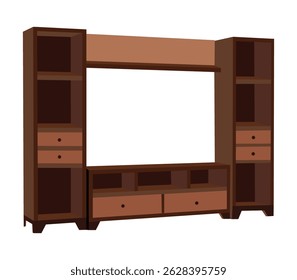 Modern wooden entertainment unit with shelves and drawers on white background