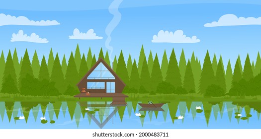 Modern wooden fisherman house cottage in wild forest summer landscape vector illustration. Cartoon cabin architecture by lake, pier and fishing boat in calm water, summertime pine trees background