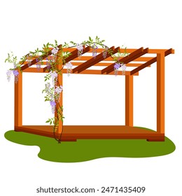 Modern wooden gazebo and blooming wisteria on isolated background. Isometrics.