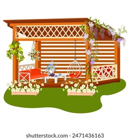 Modern wooden gazebo with sitting area, flowers, swing on isolated background.