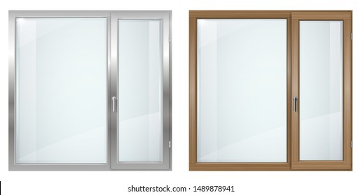 Modern wooden and gray plastic wide window with a transparency effect for the group with the glass in vector graphics